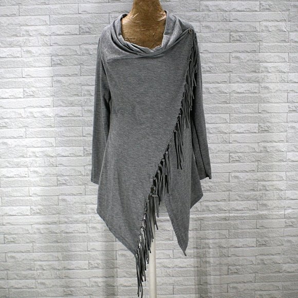 None Tops - UNBRANDED Grey Cowl Neck Fringe Poncho Shirt XL